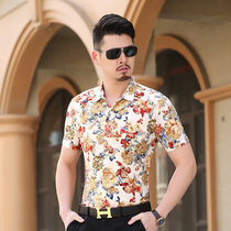 夏装半袖男士衬衫花色大花朵绣花男式衬衣短袖(红色 185)