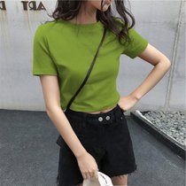 SUNTEK短款T恤女夏装心机小众设计感2022新款韩国学生高腰露脐短袖上衣(XXL 307#绿色【纯色】)