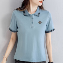 棉短袖t恤女薄款衬衫2022年新款夏季翻领polo衫宽松上衣(蓝色 XL)