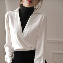 春季高领假两件上衣春秋长袖设计感拼接时尚气质感衬衫设计(白色 M)