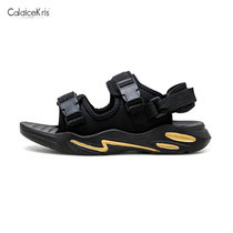 CaldiceKris（中国CK）时尚休闲露趾透气魔术贴凉鞋(黑金 44)