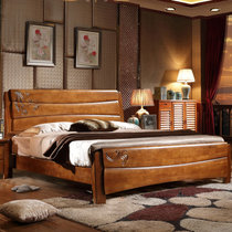 木巴现代中式实木床高箱床1.8米 橡胶木双人床硬板床古典床(胡桃色C100 默认)