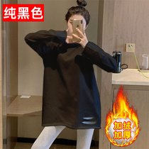 SUNTEK白色打底衫女内搭t恤女长袖2022年新款春秋中长款加绒上衣(S 黑色加绒加厚【纯色】)