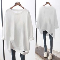 SUNTEK春装2022年新款白色长袖T恤女宽松叠穿内搭中长款卫衣打底衫(M 纯白色)