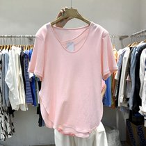 SUNTEK短袖t恤女夏季2021新款韩版ins潮下摆弧形开叉设计感小众宽松上衣(2XL 粉红色)