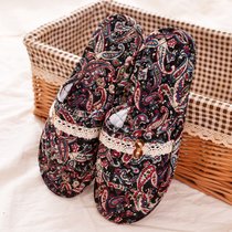 SUNTEK拖拖门布底拖鞋无声居家室内棉布艺男女夏四季情侣木地板静音软底(40-41 男-黑底红纹)