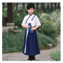 儿童古装汉服男童国学服女童中国风短袖演出服书童表演服(蓝色短袖 150码)