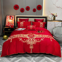 公主风60s支长绒棉贡缎四件套红色婚庆刺绣被套全棉1.8m床上用品(迎喜)