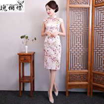 春季新款真丝旗袍 短款时尚修身印花双层旗袍 旗袍(杏色 XXXL)