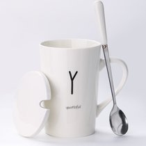 创意个性陶瓷马克杯带盖勺喝水杯子男生家用大容量茶杯情侣咖啡杯(白色款-Y)