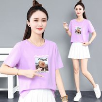 年夏季短袖T恤女韩版宽松时尚洋气休闲半袖上衣ins潮(紫色 草帽女孩白字 XL 115-130斤)