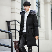冬季新款男士羽绒棉服中长款潮流连帽毛领大衣加厚保暖加长过膝外套  XZLZ13520(XZLZ13520-黑色 XL)
