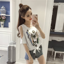窈兹 夏季新款女装韩版短袖印花T恤圆领潮个性显瘦百搭上衣(白色 M)
