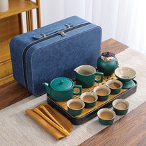 便携式茶具用品套装家用日式高档提梁茶壶茶杯茶盘轻奢旅行收纳包(绿色-龙启壶-皮包-蓝纹理)