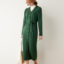 女士秋冬季V领针织中长款开衫外套两穿羊毛裙连衣裙时尚百搭系带裙子(祖母绿 XL)