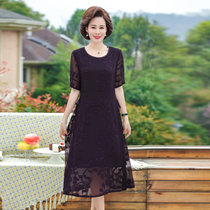 中年妈妈装连衣裙 新款圆领优雅双层雪纺纱提花长裙(紫色 XXL)