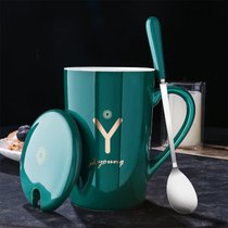 杯子陶瓷马克杯带盖勺创意个性潮流情侣咖啡杯男女牛奶杯水杯家用(真金-墨绿款-Y)