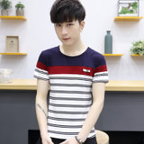左岸男装 夏季新款韩版男士圆领短袖T恤男生修身条纹纯棉上衣 潮(上蓝下白 M)