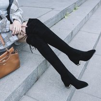 2017牛皮后系带侧拉链套筒粗跟中跟尖头绒里女士过膝长筒靴(39)(黑色)