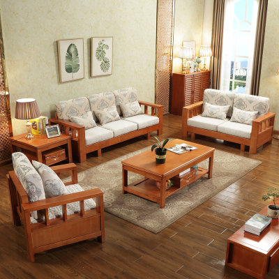 美天乐 新中式实木沙发组合 中式客厅木沙发整装家具 小户型橡胶木布艺沙发(原木色 单人位)