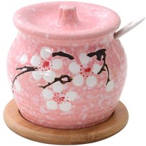日式调料盒陶瓷装盐罐单个辣椒油罐猪油罐家用带盖调味罐放盐家用(粉红色+木垫（送小勺）)