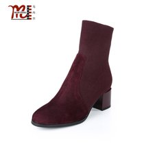 马内尔秋冬新品时尚英伦风高跟靴子羊皮圆头紫红色中筒靴G89151(紫红色 34)