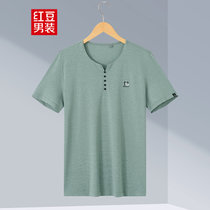 HODO红豆男装V领天丝棉质胶印柔软细腻透气t恤HMDKF1T1A72(G1绿色 185)