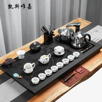 凯斯唯嘉 整块乌金石茶盘家用功夫茶具套装紫砂泡茶客厅一体大号茶台全自动 荷塘月色蔚蓝茶具/(荷塘月色青花玲珑茶具 默认版本)