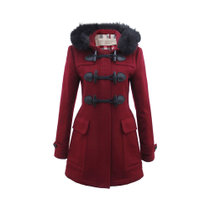 Burberry女士红色羊毛牛角扣连帽保暖大衣中长款外套 394432640红色 时尚百搭