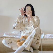 ins韩国蓝色爱心春秋季纯棉睡衣女长袖薄款学生可爱两件套家居服(XL（适合135斤内） 小狮子套装)