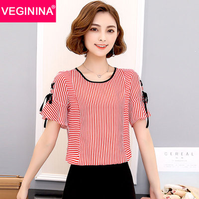 VEGININA 条纹雪纺衫短袖韩版夏上衣百搭喇叭袖小衫潮 9619(红色 S) VEGININA 条纹雪纺衫短袖韩版夏上衣百搭喇叭袖小衫潮 9619(红色 S)