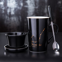 泡茶水杯简约过滤茶杯情侣办公室咖啡杯时尚设计水杯泡茶杯子带盖咖啡创意马克杯时尚(天蝎座-黑-)