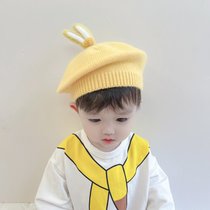 SUNTEKins秋冬新款韩版婴幼儿童洋气针织帽贝雷帽子宝宝柔软画家毛线帽(约7个月-4岁（46-52cm）有弹性 黄色（兔耳朵）)