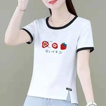时尚短袖体恤女夏装设计感薄款白色上衣韩版显瘦印花T恤(白色【日文草莓】 3XL 建议125-135斤)