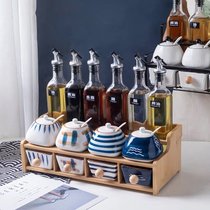 家用铁艺陶瓷调料盒组合套装厨房调味罐玻璃调料瓶油盐佐料置物架(清漆木架14件（彩绘罐） 默认版本)