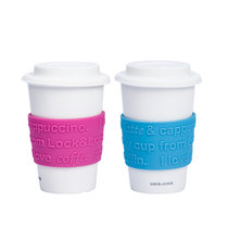乐扣乐扣水杯陶瓷杯 创意糖果色带盖茶杯牛奶杯咖啡杯马克杯(蓝色+粉色 硅胶盖 370ml)