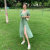 2021夏季新款法式方领碎花连衣裙女装韩版气质显瘦开叉泡泡袖裙子(绿色8954 M)