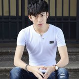 左岸男装 2017新款夏季V领短袖T恤韩版修身青年潮流时尚纯色纯棉半袖上衣衫(白色 M)