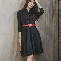 Mistletoe秋季新品气质修身女装通勒OL排扣连衣裙(黑色 XL)