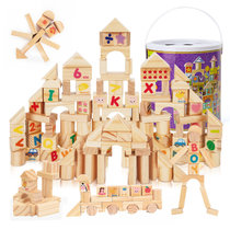 儿童木质积木玩具拼装大颗粒积木男孩女孩3-6岁生日礼物手提桶装 原木数字字母110件套JMQ-070