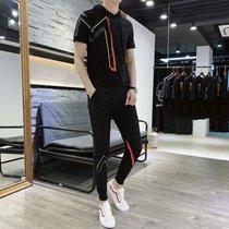 男士夏装套装成熟帅气一套搭配个性青年稳重气质短袖T恤运动yd夏(T28  黑色（帽子款） XL)