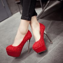 秋季女鞋红色结婚鞋中式婚礼红鞋性感恨天高新娘鞋细跟超高跟单鞋(37)(红色)