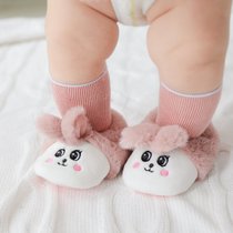 冬宝宝加绒地板鞋袜可爱婴儿鞋超软羊羔绒加绒地板中筒不掉袜套(粉红色 兔子-防滑加绒 【S】0-12个月（脚10-12CM）)