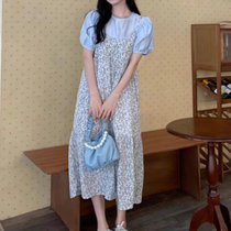 法式碎花吊带连衣裙子2021夏季新款女装气质显瘦A字长裙两件套装(蓝套装【蓝色上衣+连衣裙】 M)
