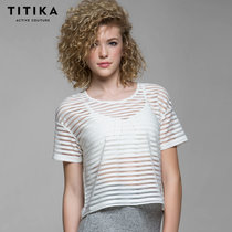 TITIKA瑜伽服夏季新款运动健身条纹瑜伽短袖t恤女修身薄款短袖女63522(白色 XL)