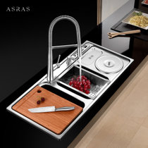 阿萨斯9245AL 欧式多功能不锈钢水槽套餐双槽厨房洗菜盆刀架带垃圾桶三槽(13件套（含6043抽拉龙头）)