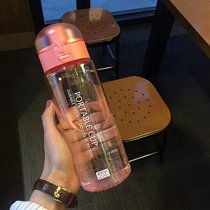 水杯塑料女学生可爱随手杯ins水瓶便携创意男生韩版简约提绳杯子(运动款粉色650ML+提绳+杯刷)
