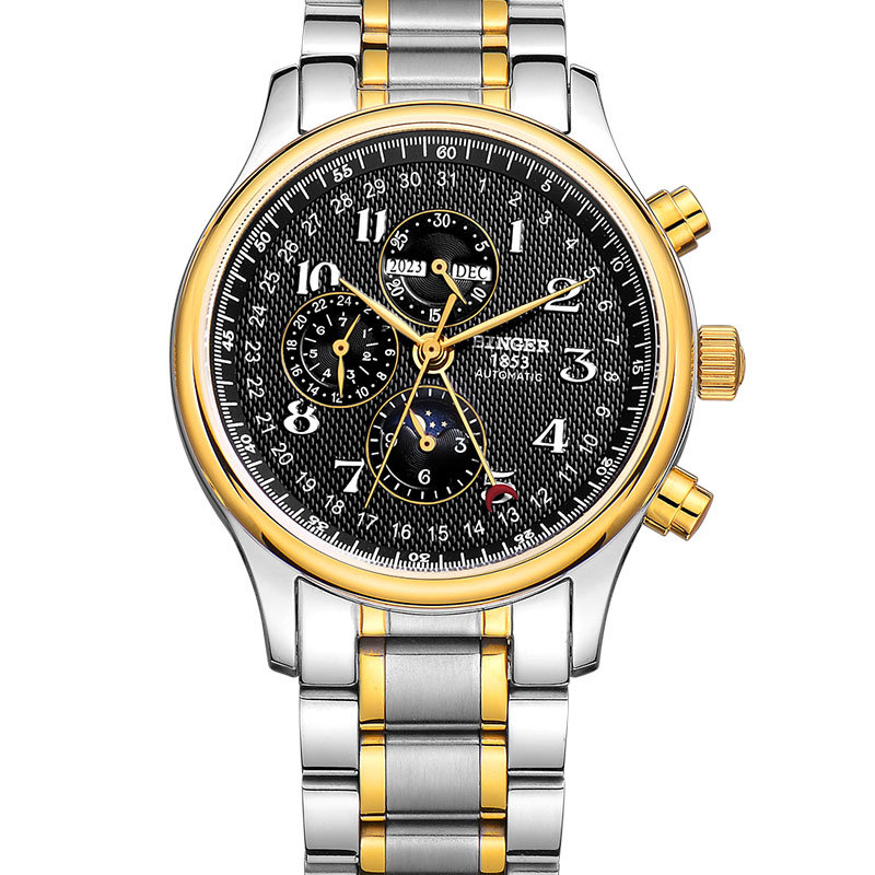 宾格binger手表男士手表全自动机械表休闲时尚手表精钢防水腕表间金