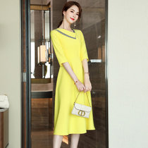 MISS LISA韩版时尚气质中长款连衣裙大码裙子YWZ8112(黄色 XXXL)