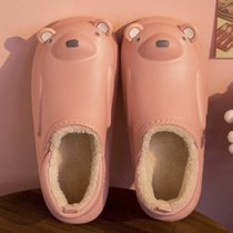SUNTEK防水棉拖鞋女冬室内加绒保暖月子鞋情侣居家软底防滑可爱卡通棉鞋(39-40（适合38-39脚） 粉色棉鞋)